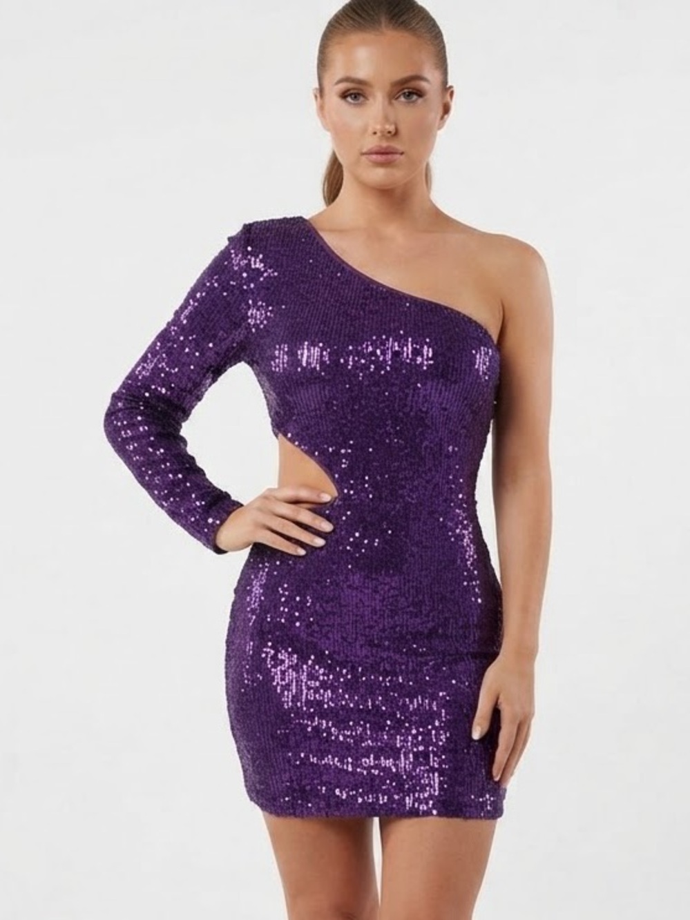 NT Elegant One-Shoulder Purple Sequin Mini Dress 4